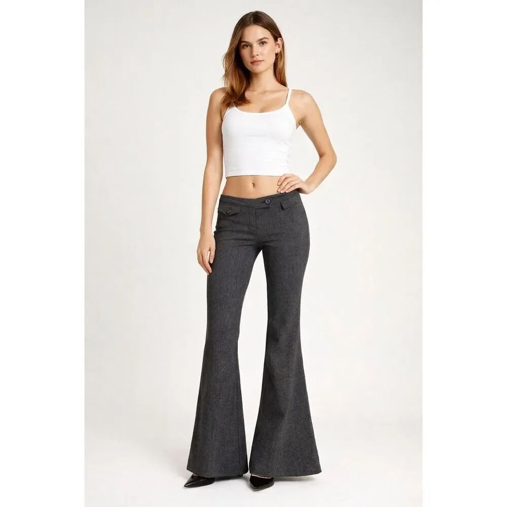 Vintage Twenty One Low Rise Gray Herringbone Flare Pants Women’s M Y2K